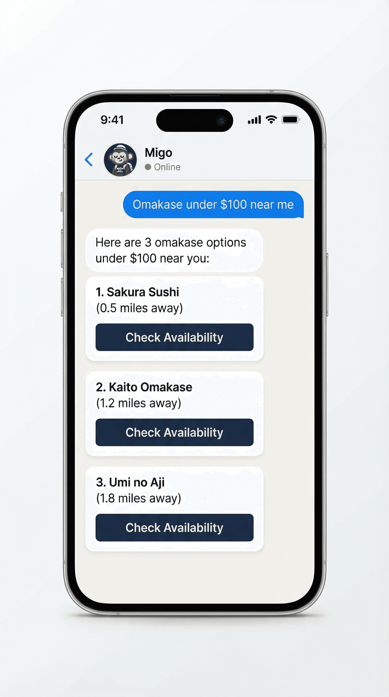 Migo answering “Omakase under $100 near me” with three restaurant suggestions